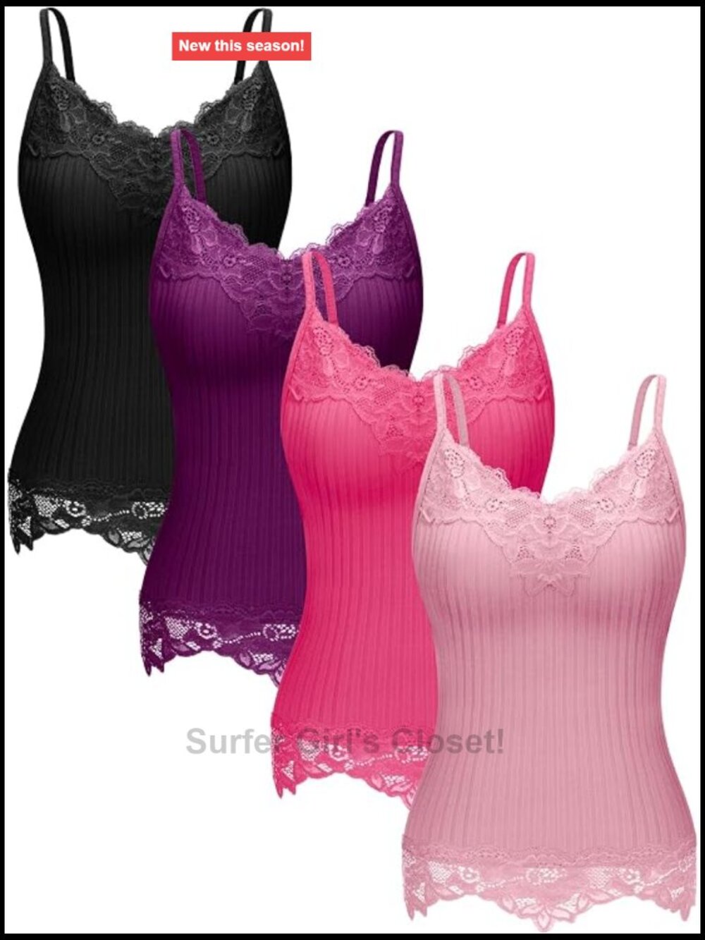 Women's Long Lace Tank Top Camisole Spaghetti Strap V-Neck Sleeveless 4 Pack